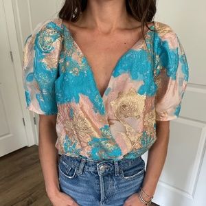 BUDDY LOVE, BODY SUITE WITH PINK,BLUE,AND GOLD DETAIL, W/ BALLOON SLEEVES, XS